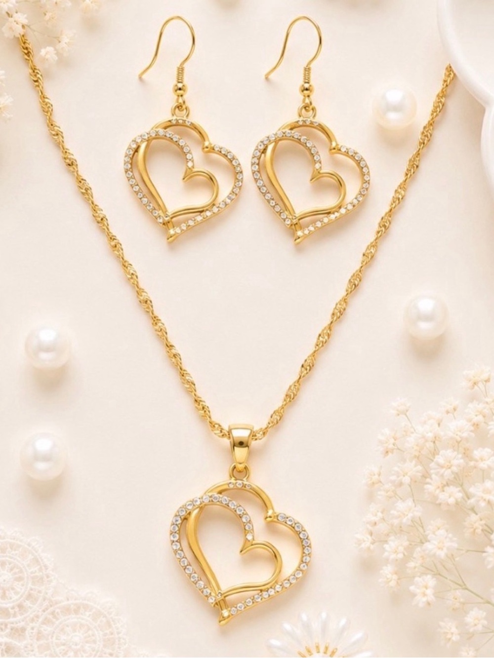 Heart Crystal Gold Tone Necklace & Earrings Jewelry Set